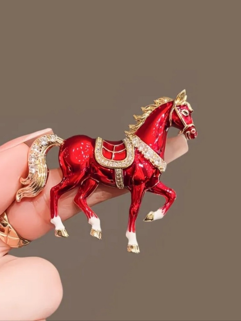 Red Enamel Horse Brooch with Gold Accents